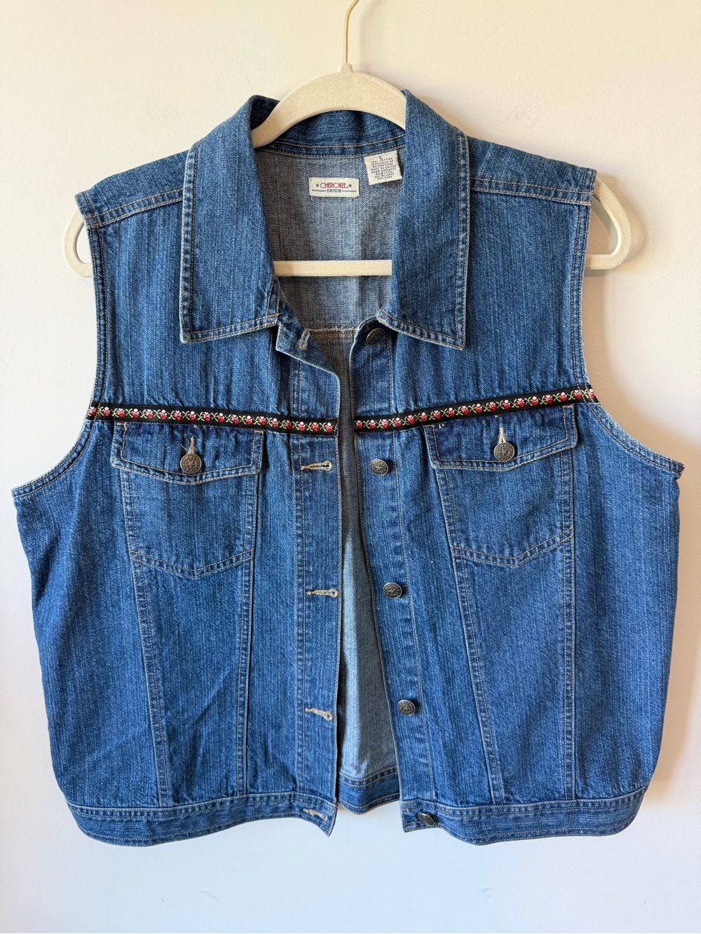 Vintage Cherokee Blue Denim Vest with Embroidered Trim and 100% Cotton